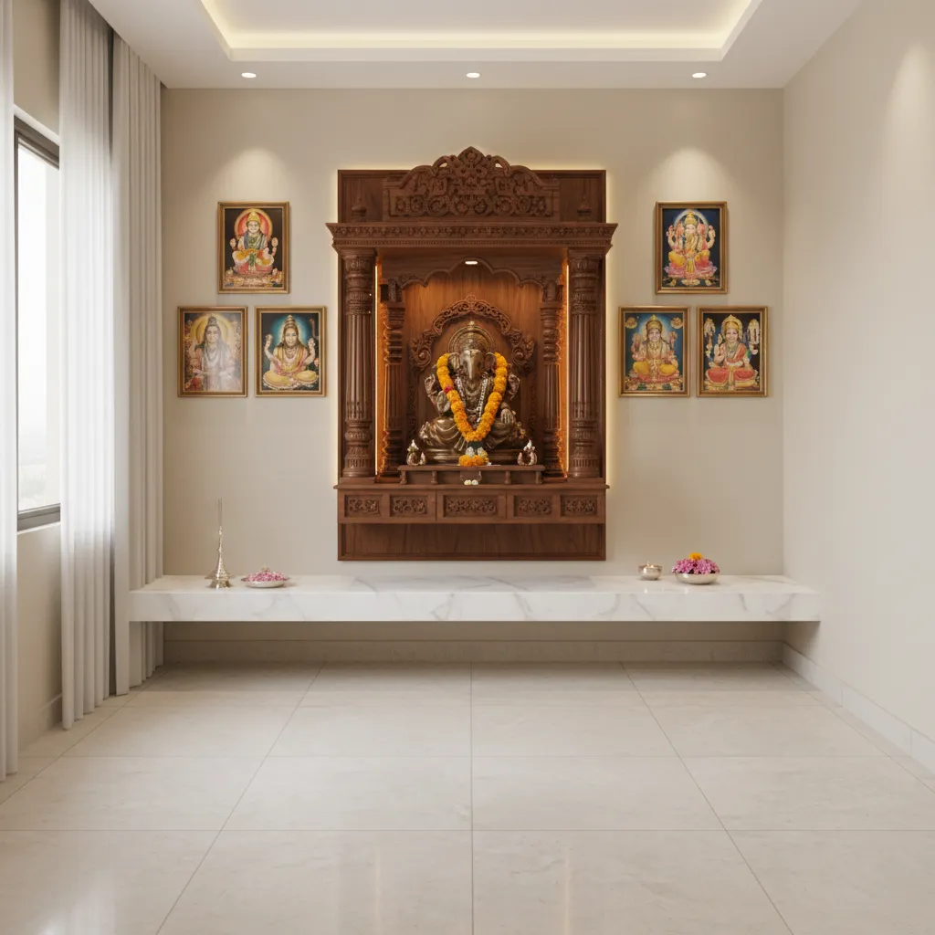 Modern home pooja room layout with idol centerpiece and framed photos