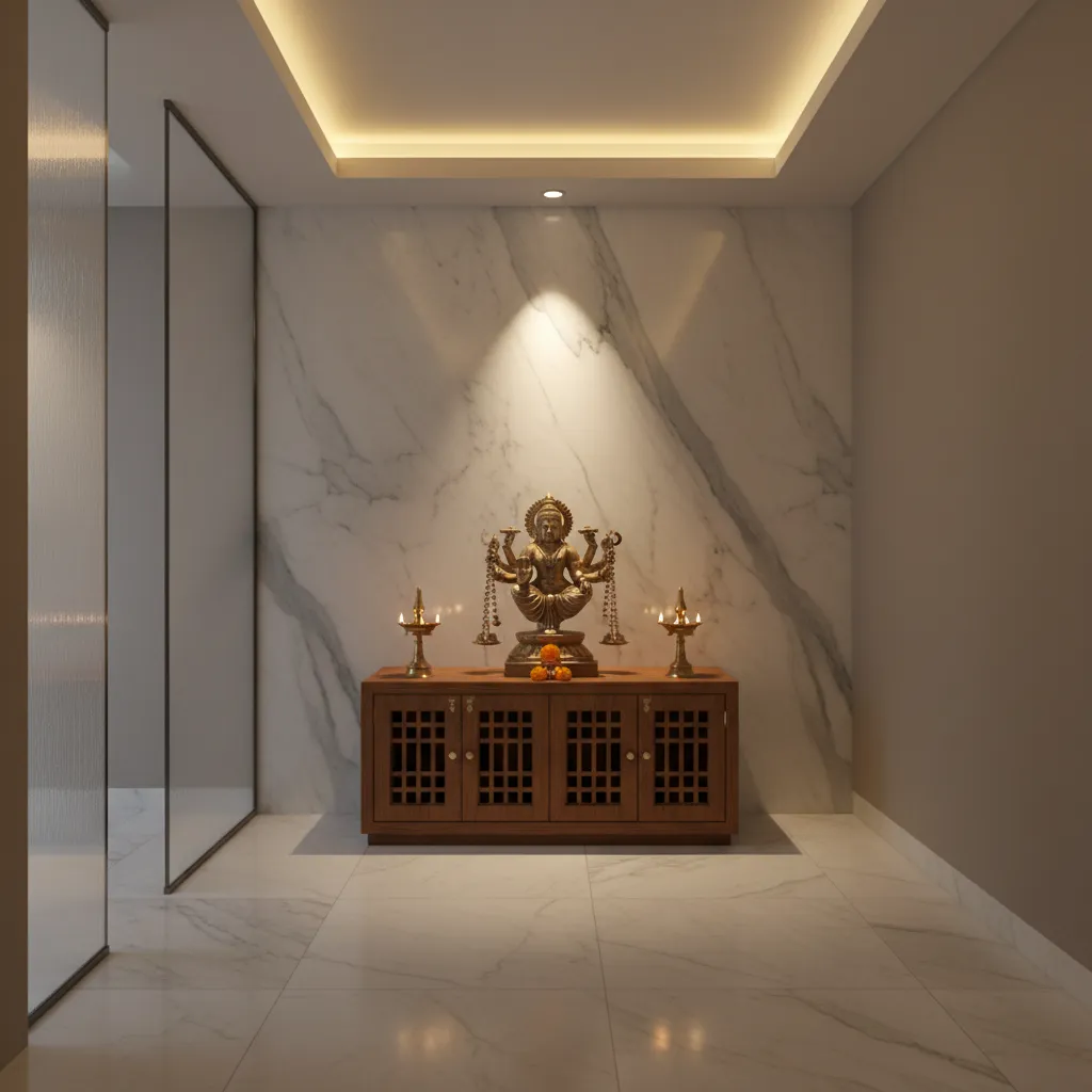 Modern pooja room with layered lighting highlighting idols