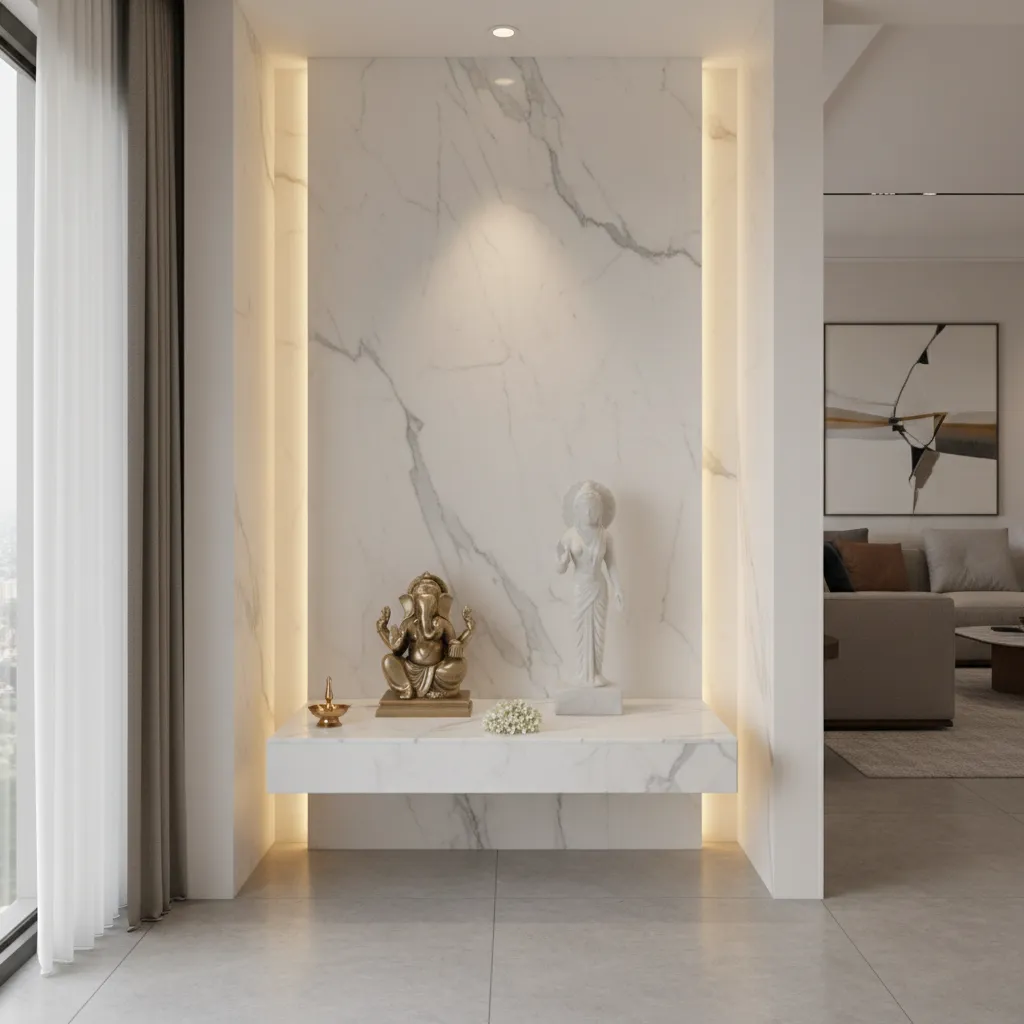 modern marble pooja room with backlit panel and floating platform
