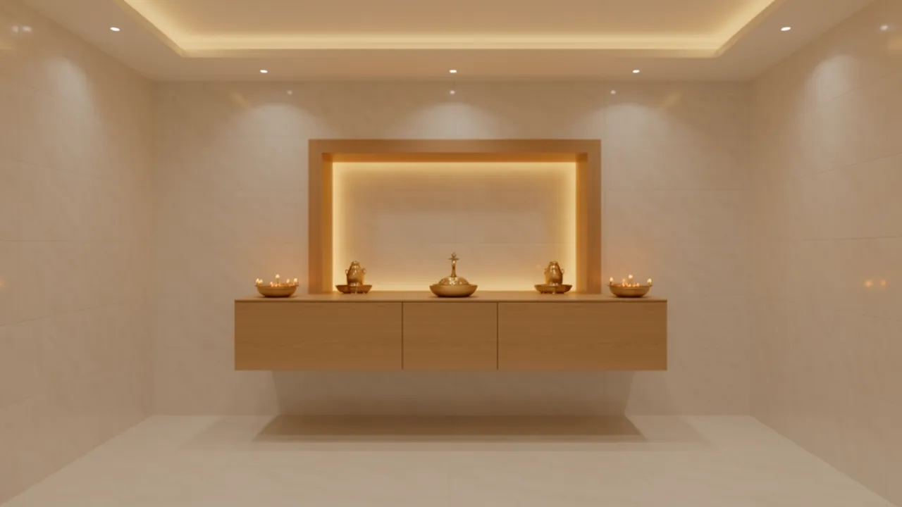 Modern pooja room with marble look wall tiles and wooden mandir