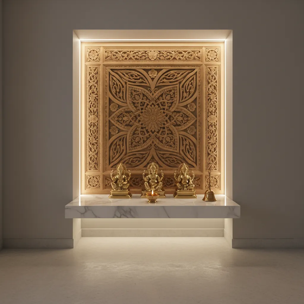 compact modern pooja room with floating marble slab