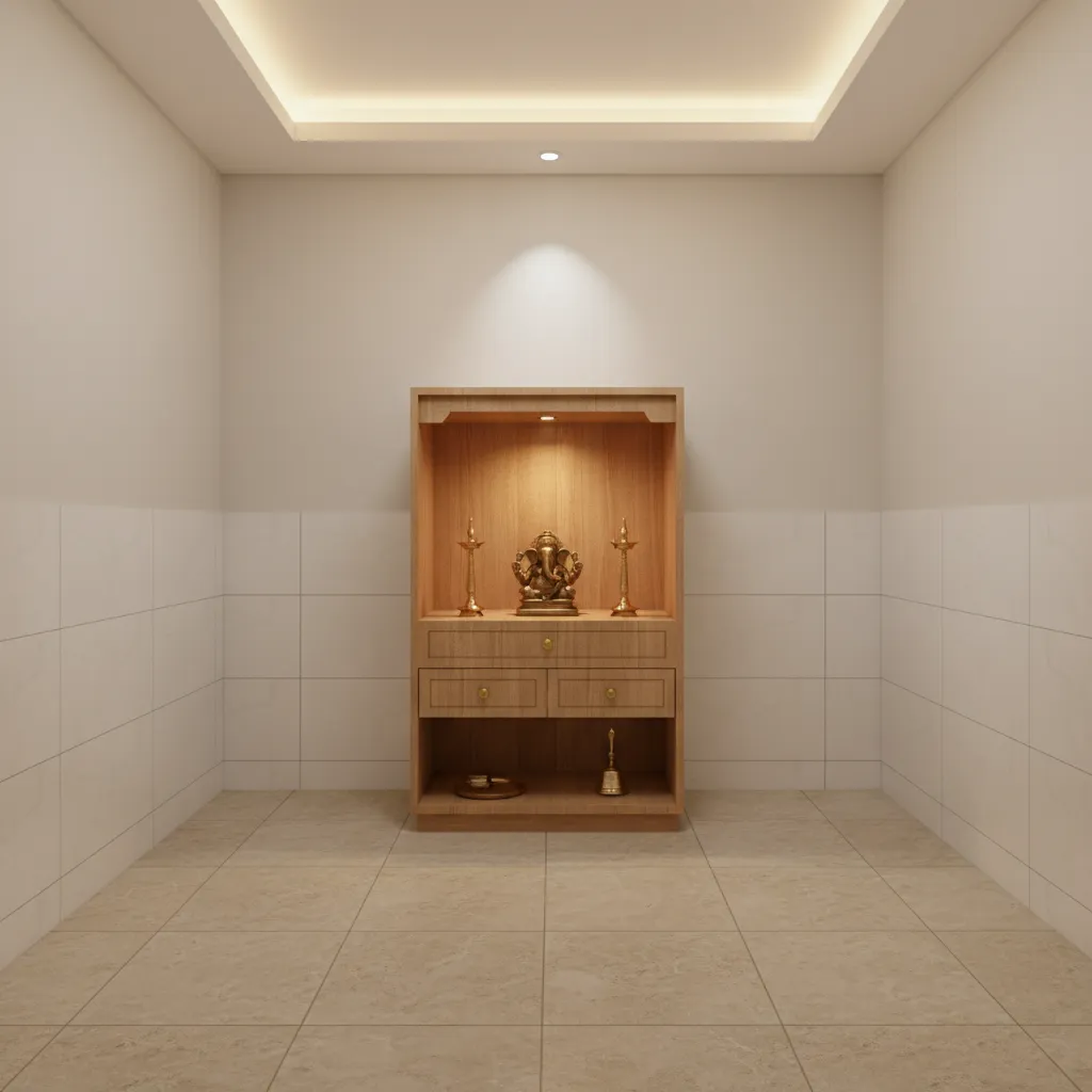 modern pooja room tile layout with beige floor tiles