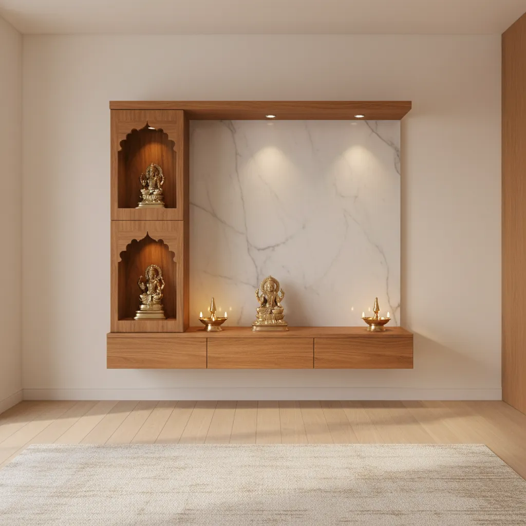 modern home pooja room with warm ambient lighting and wooden mandir