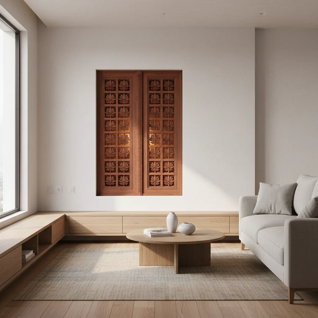 Compact pooja room with decorative wooden door in modern apartment
