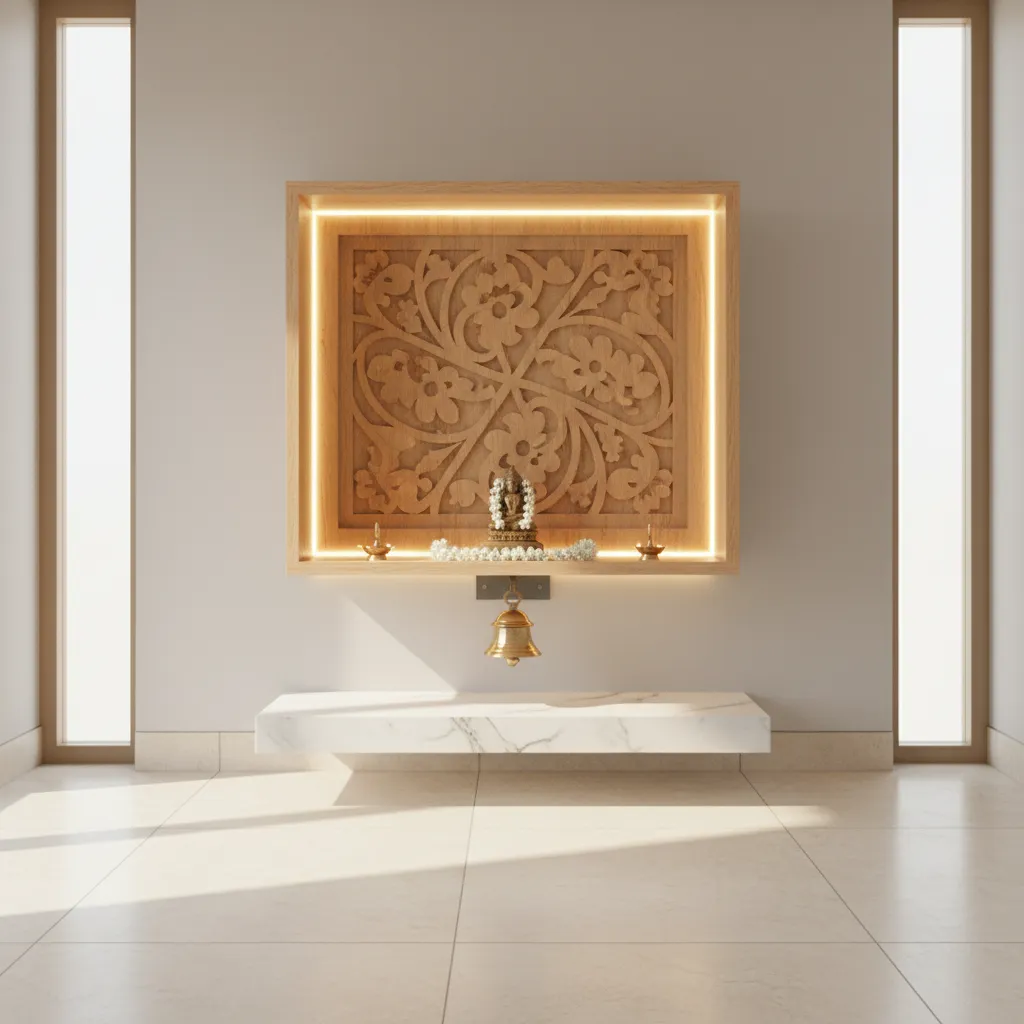 modern pooja unit with hidden bell bracket under shelf