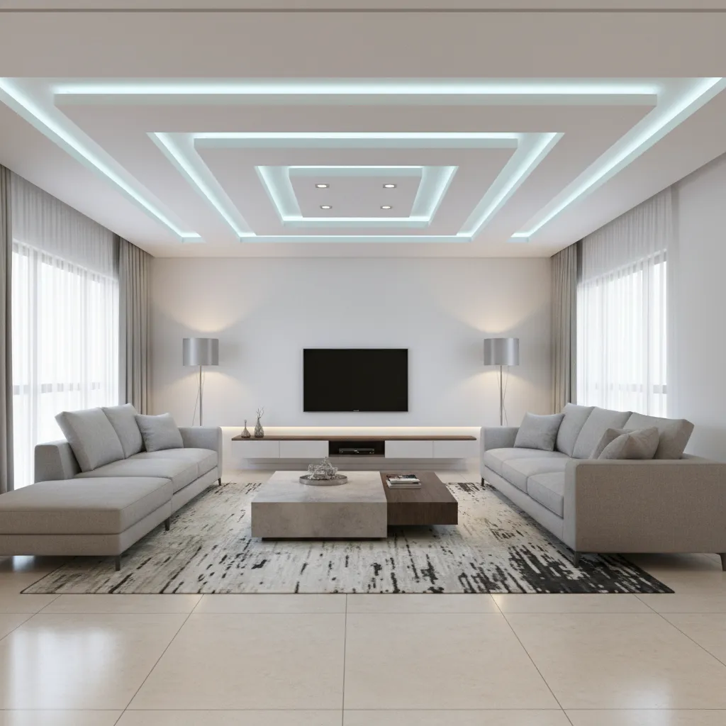 3D render of modern living room POP plus minus ceiling concept
