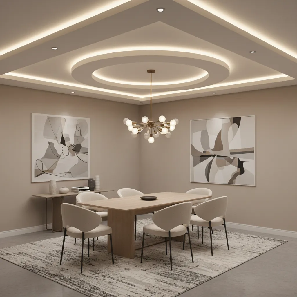 Dining table with feature POP ceiling and pendant lighting