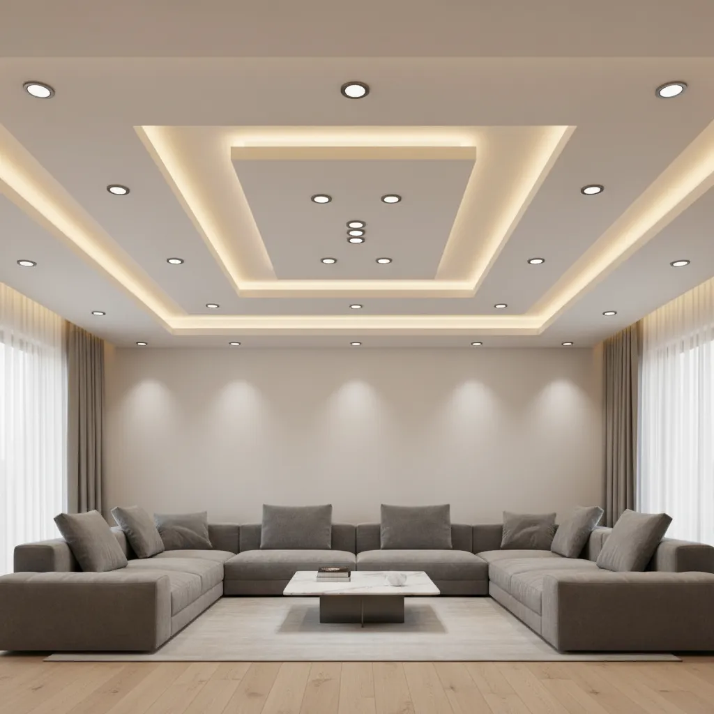 minimalist POP ceiling lighting layout with recessed lights and cove lighting