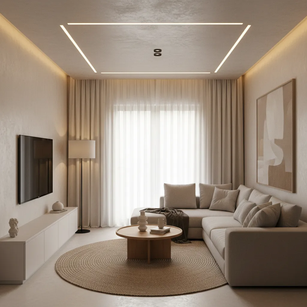 modern small living room with recessed lights and pop ceiling