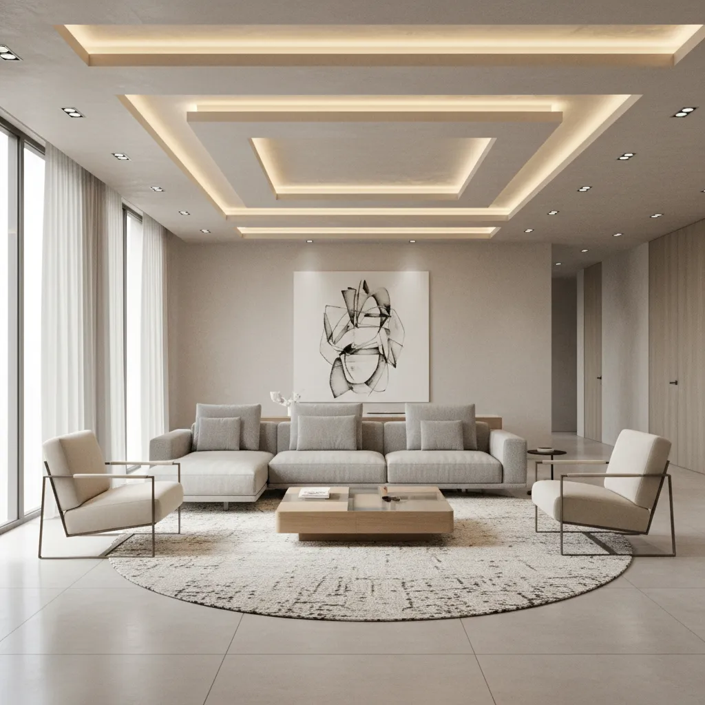 Living hall interior showing modern POP ceiling design with recessed lighting