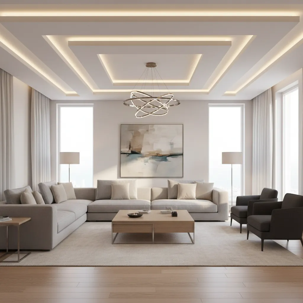 Contemporary living room with layered POP ceiling and warm LED lighting