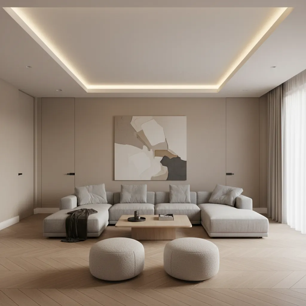 Contemporary living room with simple POP ceiling and recessed lighting