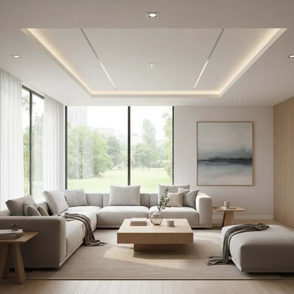 modern living room with minimal POP ceiling and recessed lighting