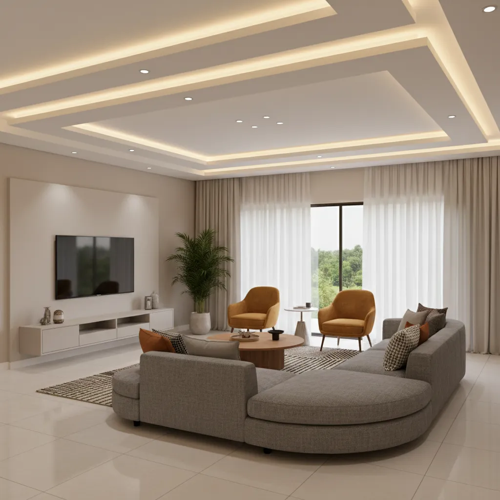 Modern living room with layered POP ceiling design and recessed lights