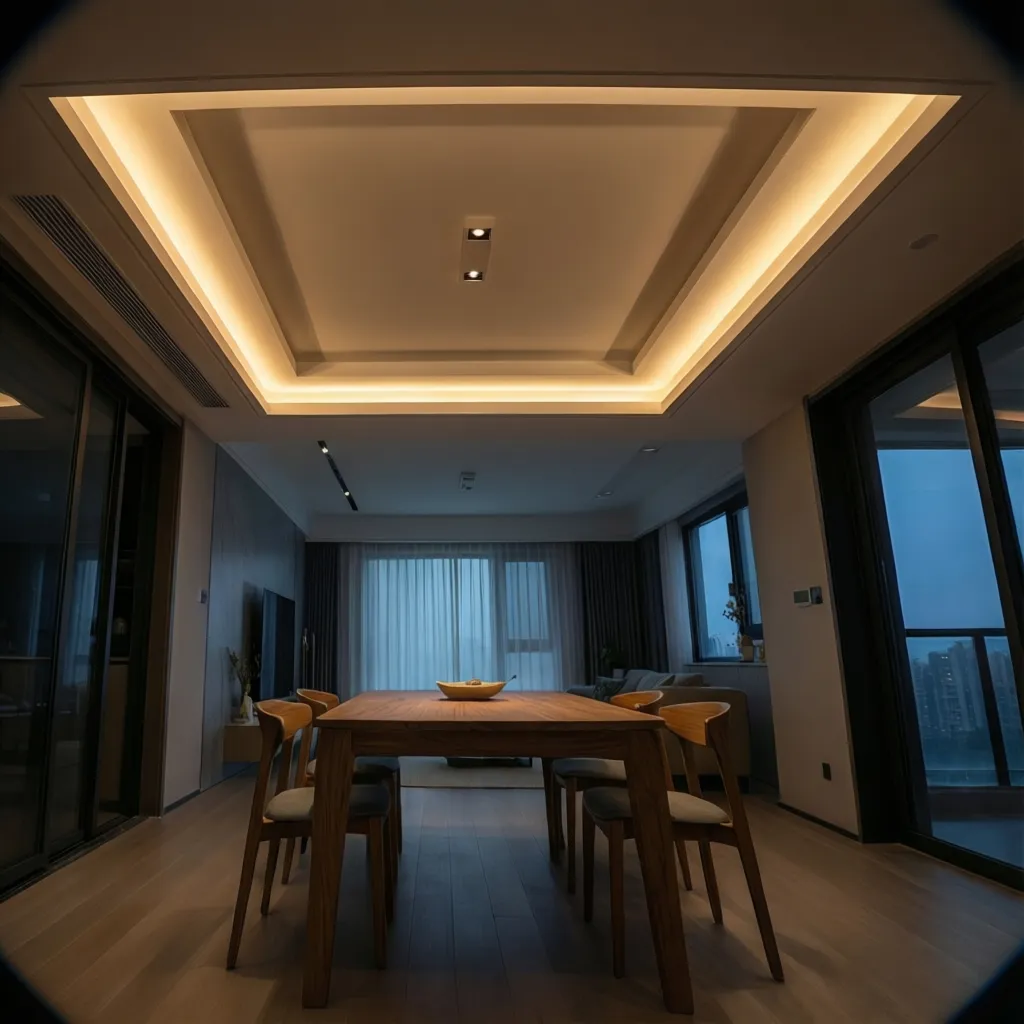 Tray POP ceiling design above modern dining table