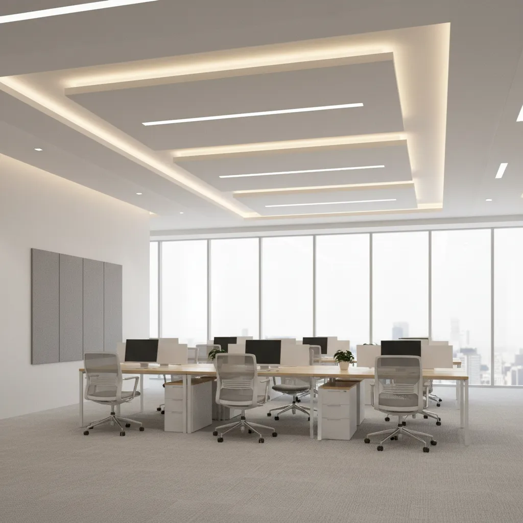 modern office with layered POP ceiling panels and soft LED lighting
