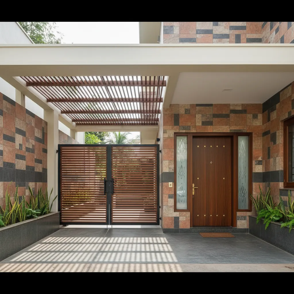 Front portico of a Tamil Nadu house with textured wall tiles