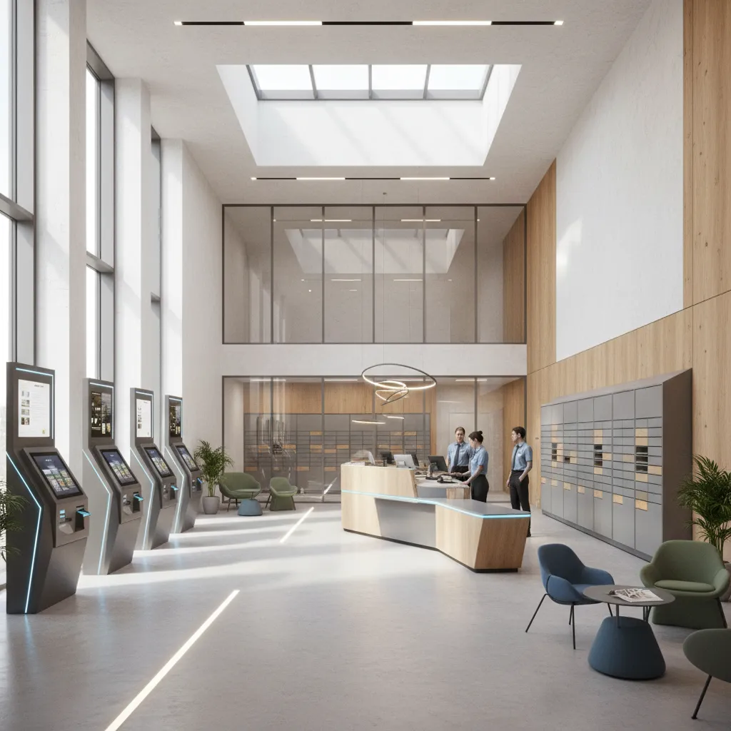 Modern post office lobby with kiosks parcel lockers and flexible counters