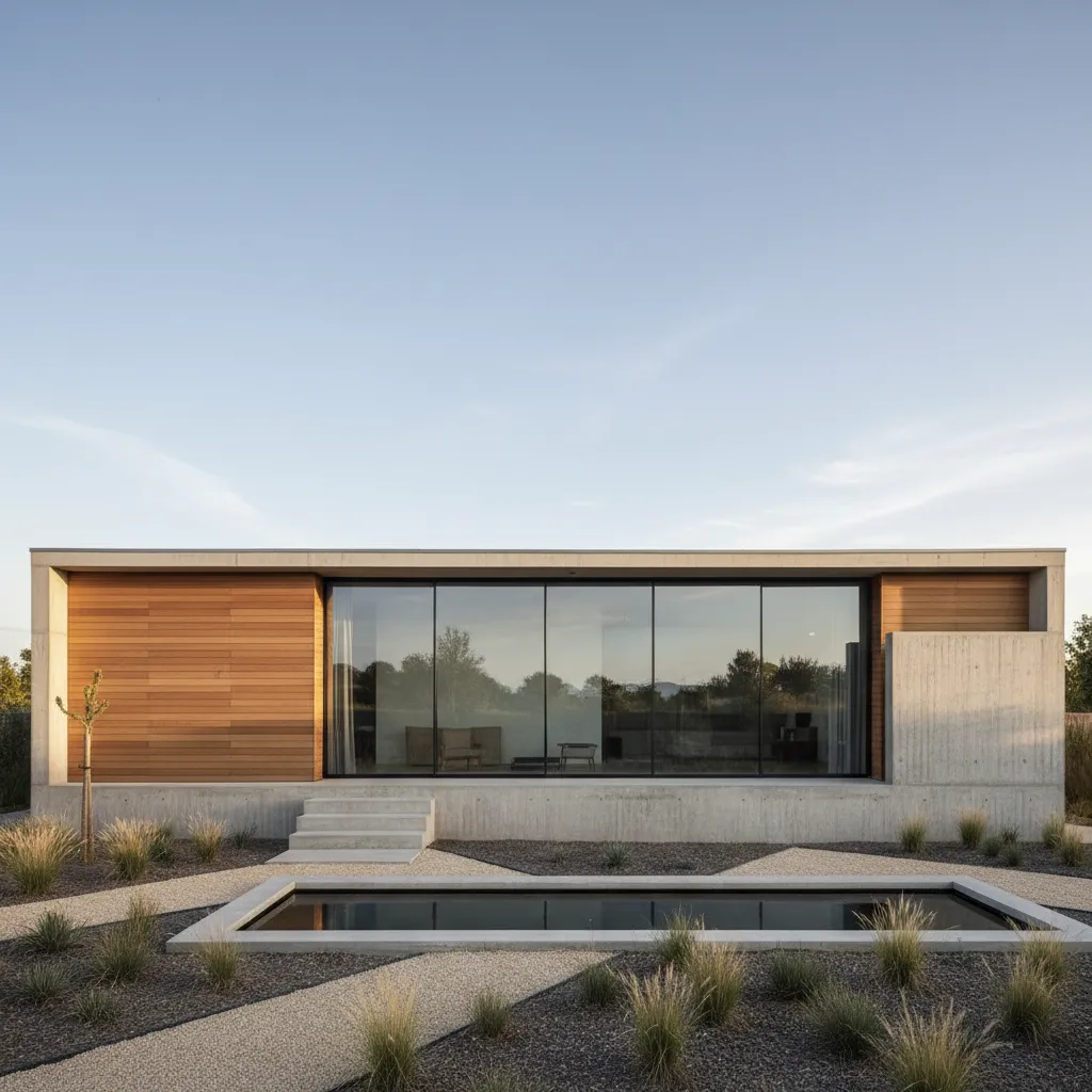Exterior de una casa prefabricada moderna de una planta con jardín