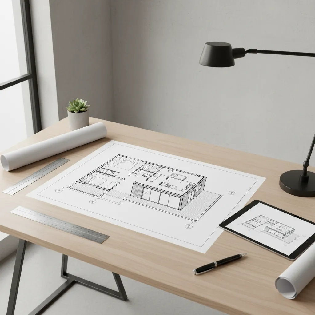 Plano arquitectónico de una casa prefabricada moderna