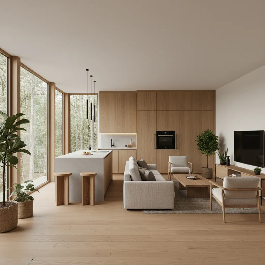 Modern living room with grey sofa wooden floor kitchen island and windows overlooking green forest