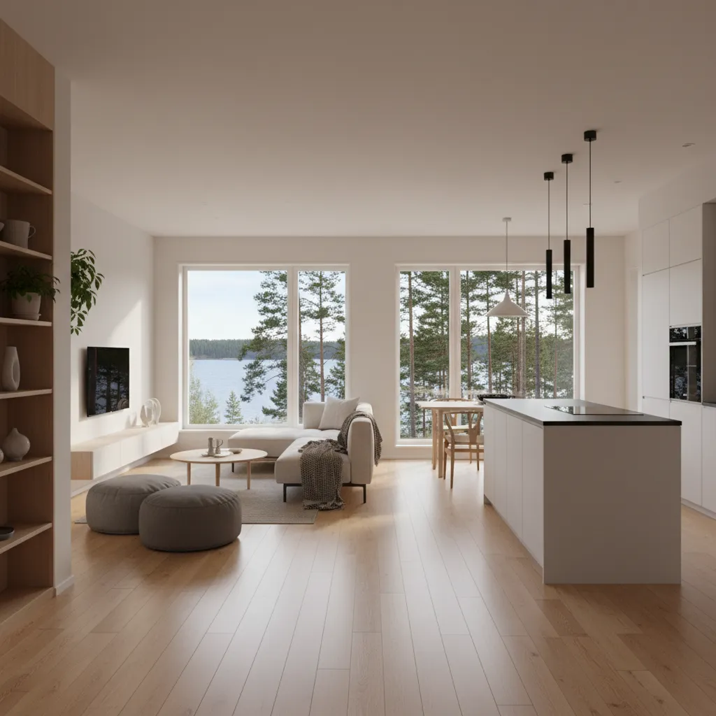 Interior de casa prefabricada moderna con salón abierto