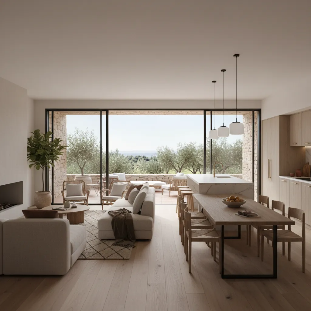 Interior abierto de casa prefabricada con salón y cocina conectados