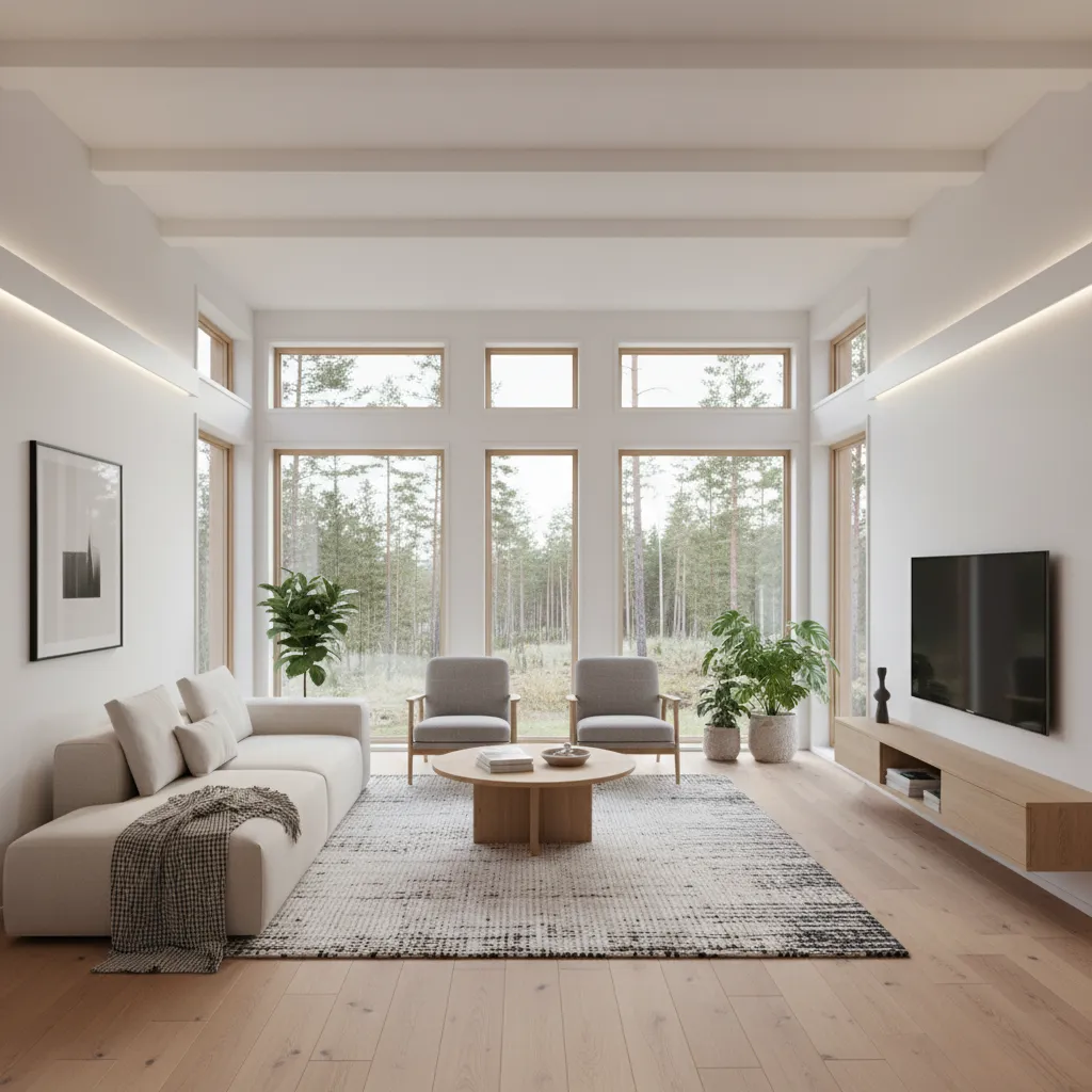 Salón moderno en una casa prefabricada con grandes ventanales