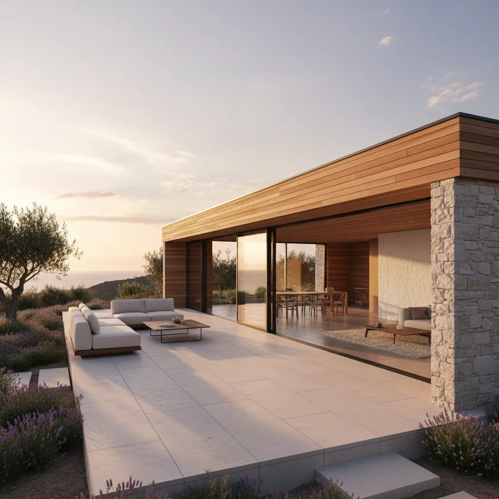Casa prefabricada moderna con terraza integrada y grandes ventanales