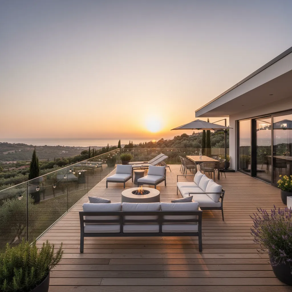 Terraza de una casa prefabricada moderna con vistas abiertas