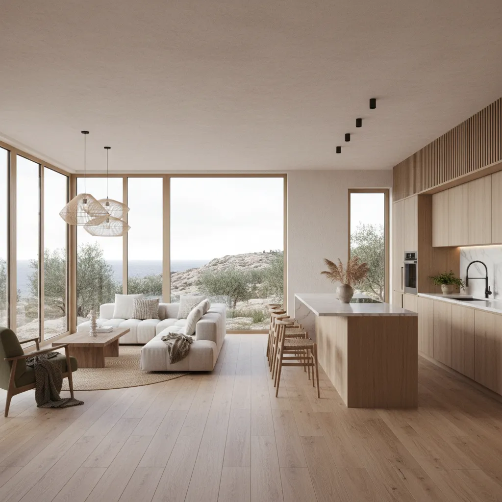 Interior abierto de casa prefabricada moderna con cocina y salón integrados