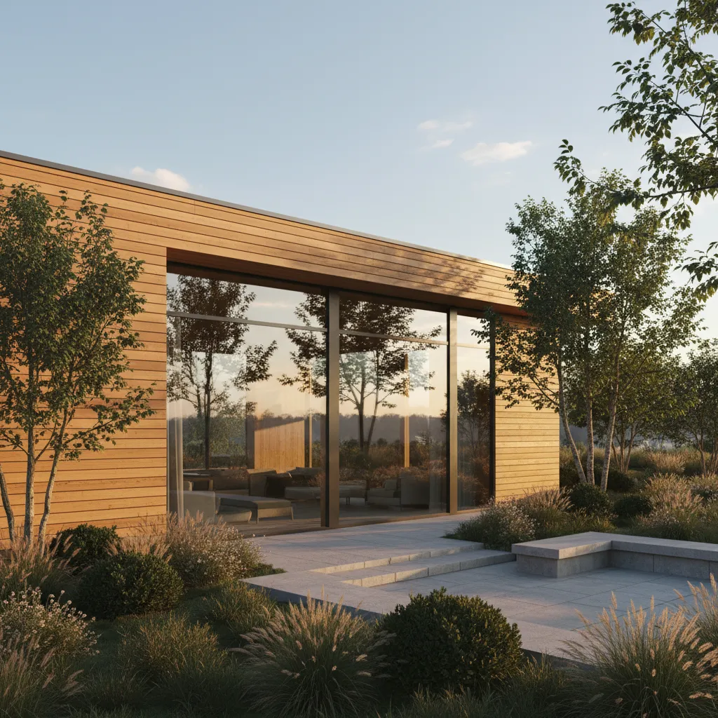 Exterior de una casa prefabricada moderna de madera con grandes ventanales
