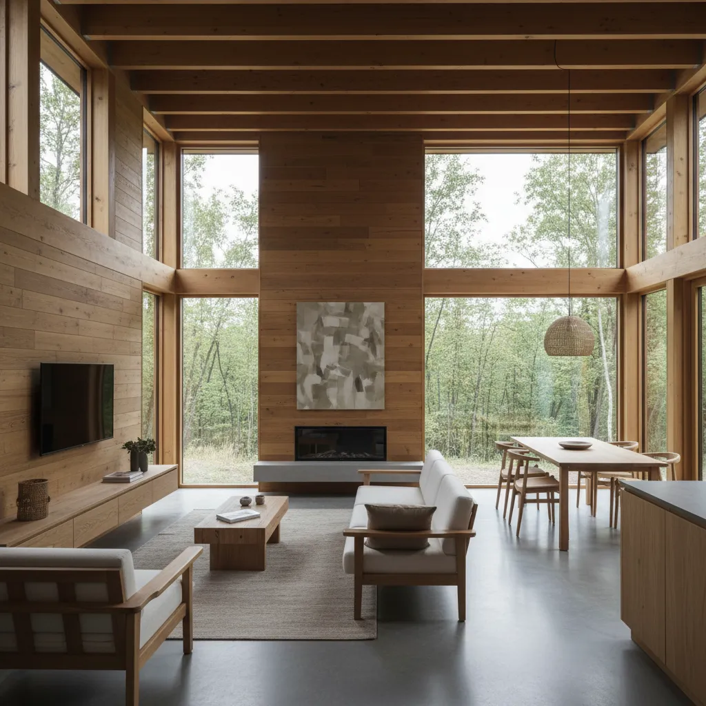 Modern living room with wood walls white sofa dining table and windows with forest views
