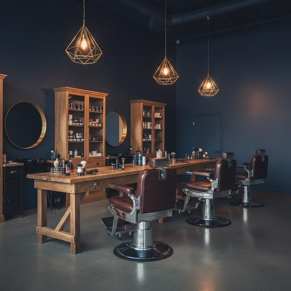 Barbería premium con iluminación cálida y materiales oscuros