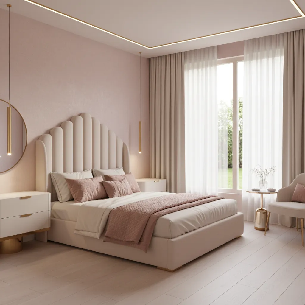 modern princess bedroom with blush palette upholstered bed and gold accents