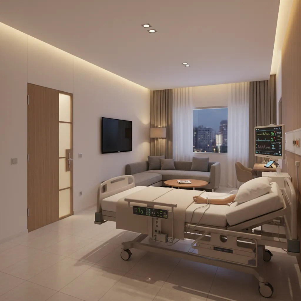 Modern private hospital patient room with medical equipment and visitor seating