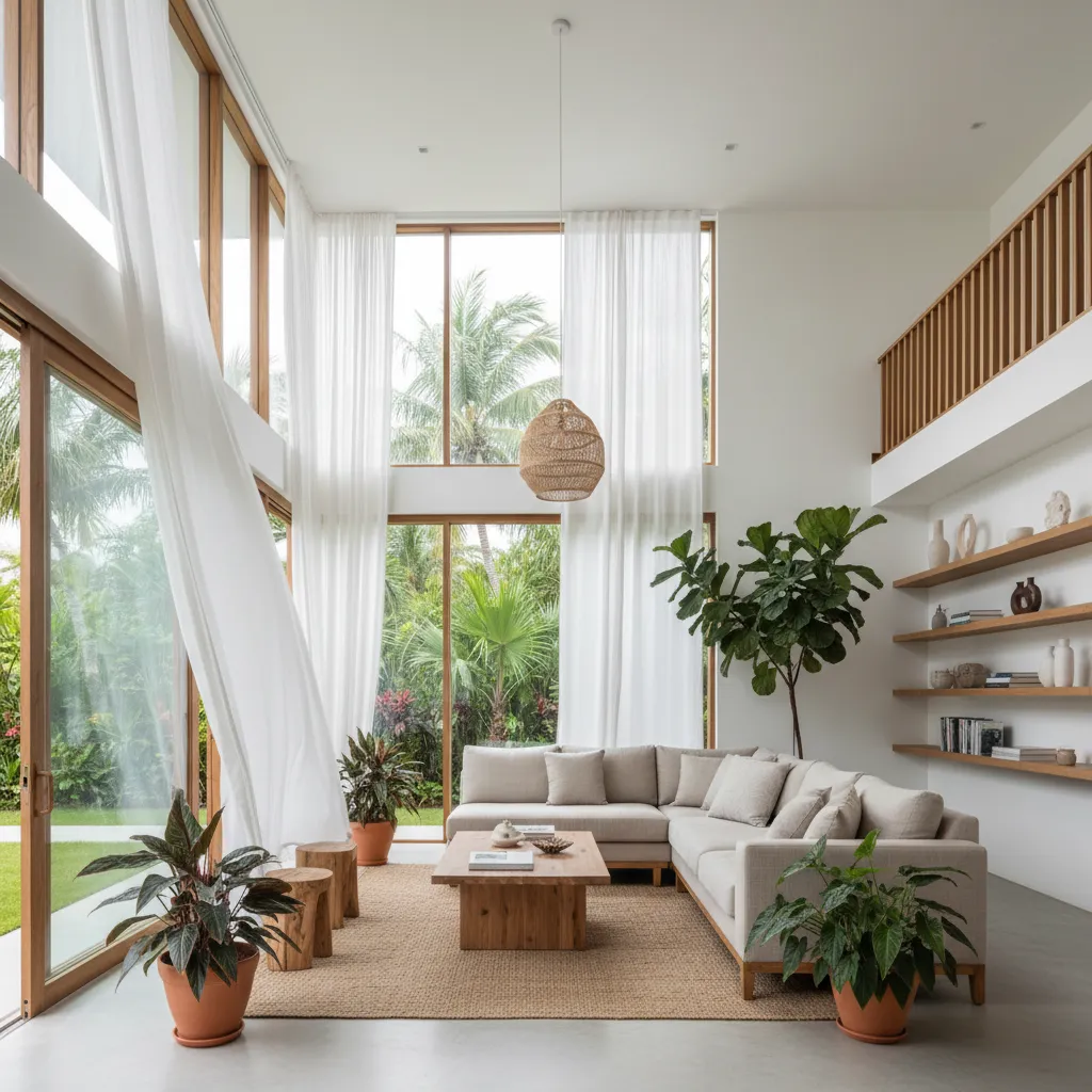Bright open living room with large windows white curtains beige sofa wooden table and plants