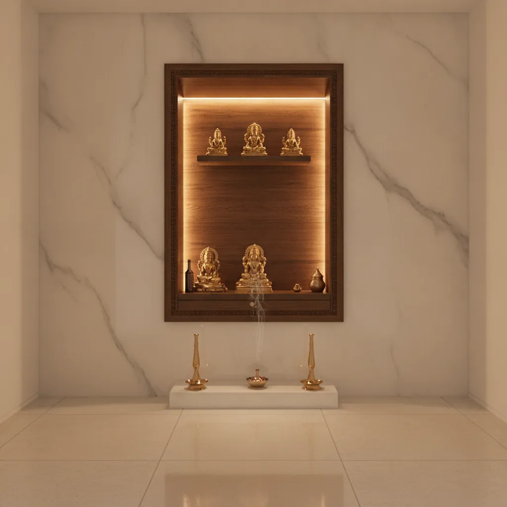 Modern apartment puja room with wooden door and soft lighting