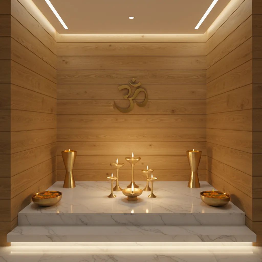 modern puja room with wood marble and brass materials