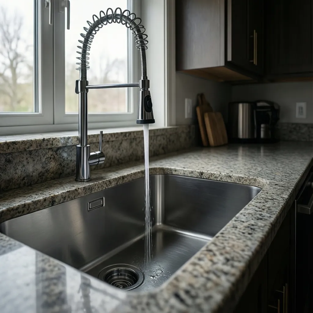 modern pull down kitchen faucet over deep stainless sink