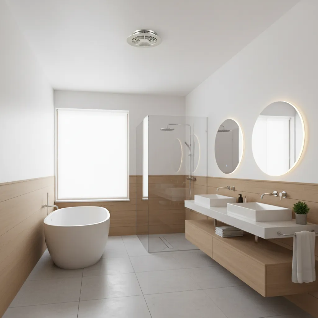 Quiet energy efficient bathroom exhaust fan installed in modern bathroom ceiling