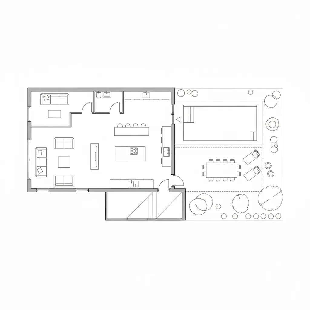 Plano arquitectónico de una casa quinta moderna con áreas sociales abiertas