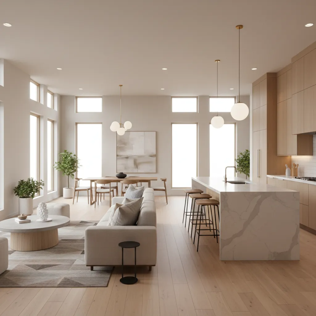 Open concept ranch living room and kitchen with modern furniture