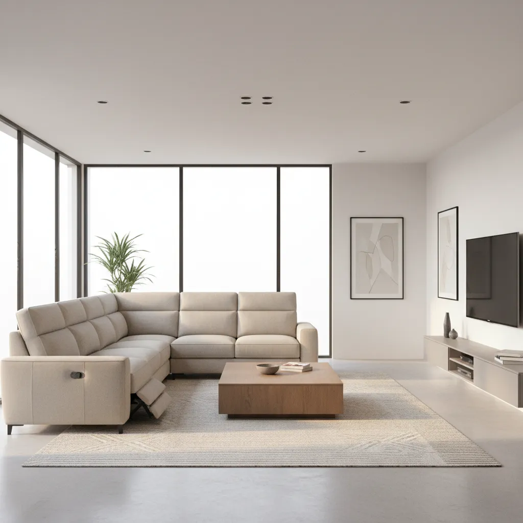 Contemporary living room with modern reclining sectional sofa and minimalist decor