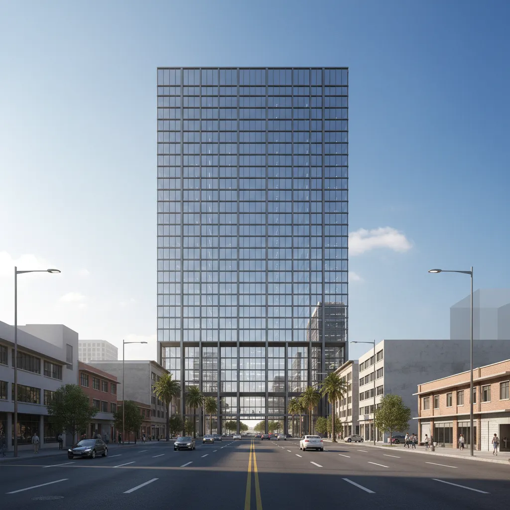 large rectilinear modern office building with glass facade and linear design