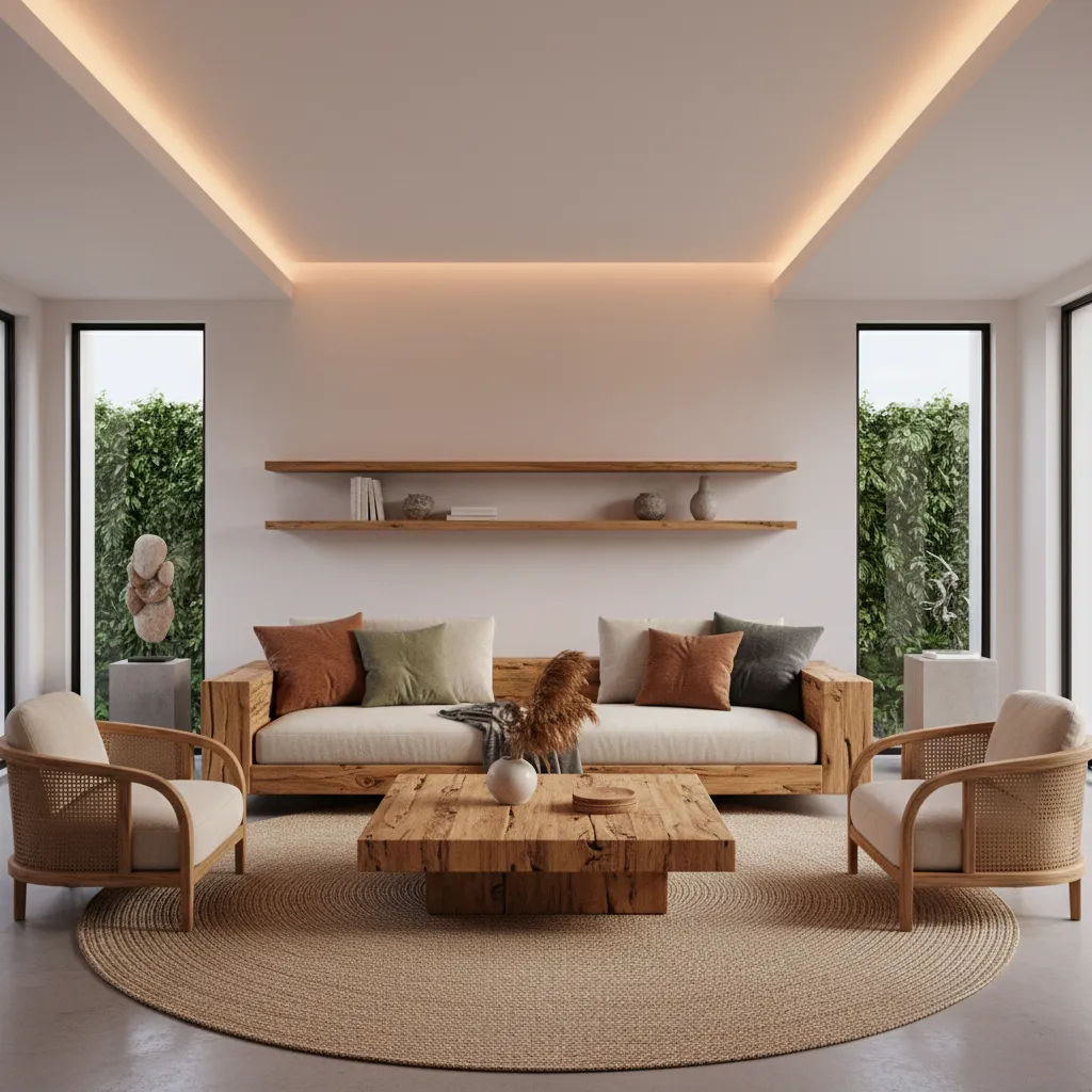 Interior moderno con muebles hechos de madera reciclada e iluminación cálida