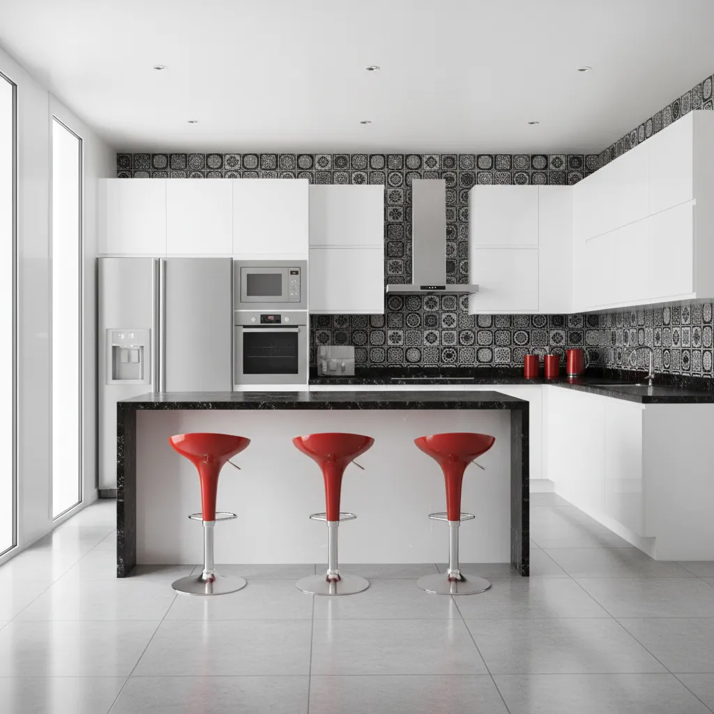 modern kitchen interior using red black and white color scheme with island seating