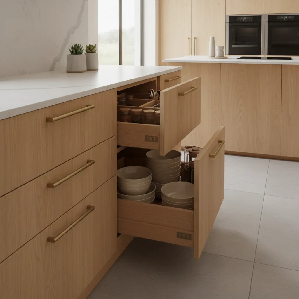 refaced kitchen cabinets with upgraded drawers and storage