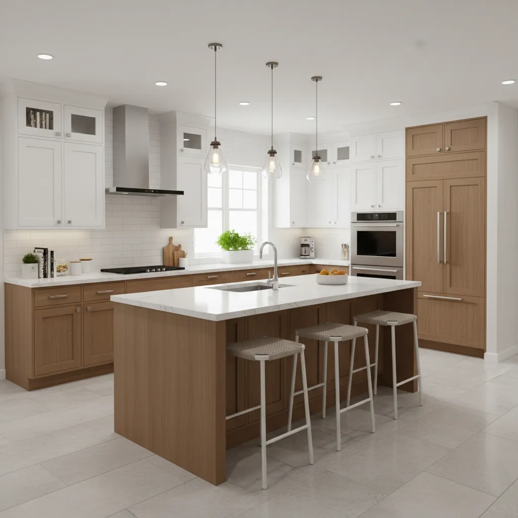 Full view of modern kitchen after cabinet refacing renovation