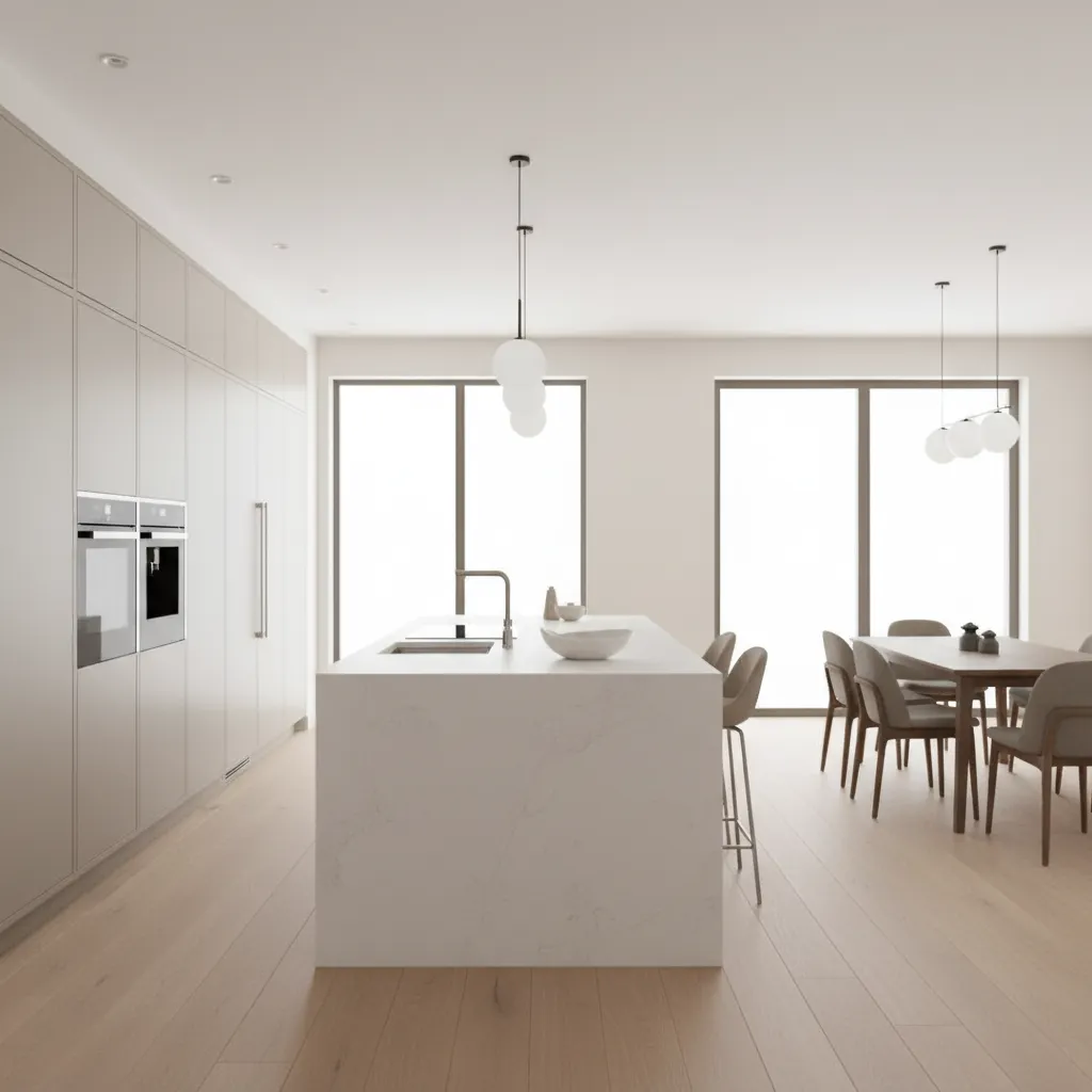 Modern white kitchen with island dining table chairs wood floor ceiling lights and big windows